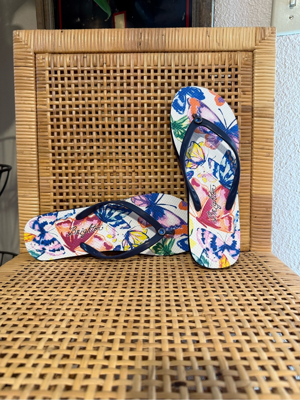 Brighton Multicolor Floral Flip Flops with Navy Straps and Blue Rhinestone